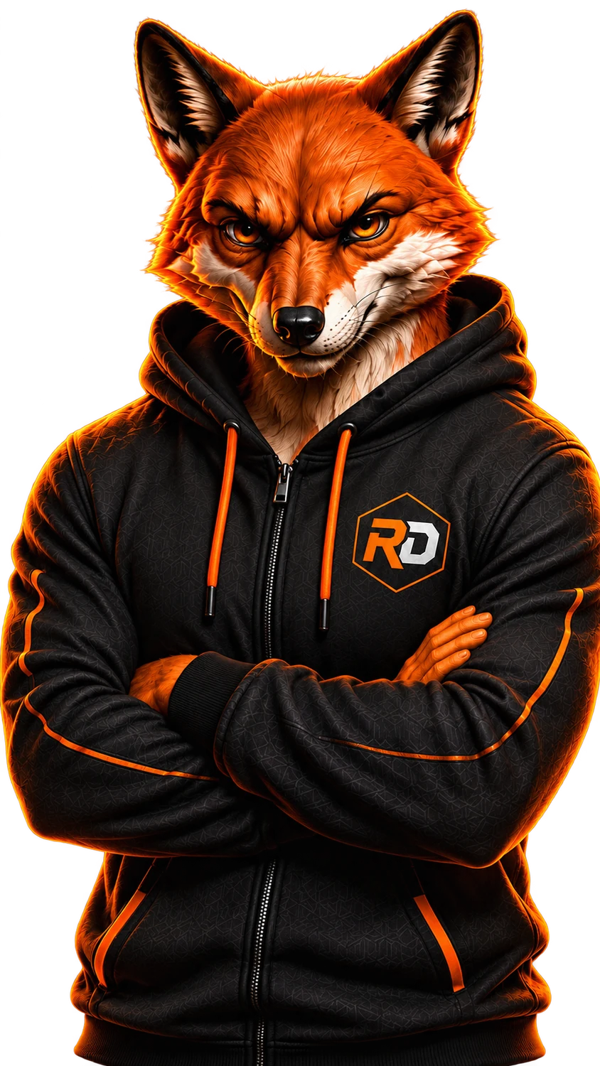 Mascote Raposo Digital com moletom preto e detalhes laranja